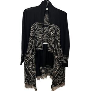 ALTAR’D STATE OPEN FRONT CASCADING SWEATER, WOMENS, L, BLACK-SOUTHWESTERN/AZTEC